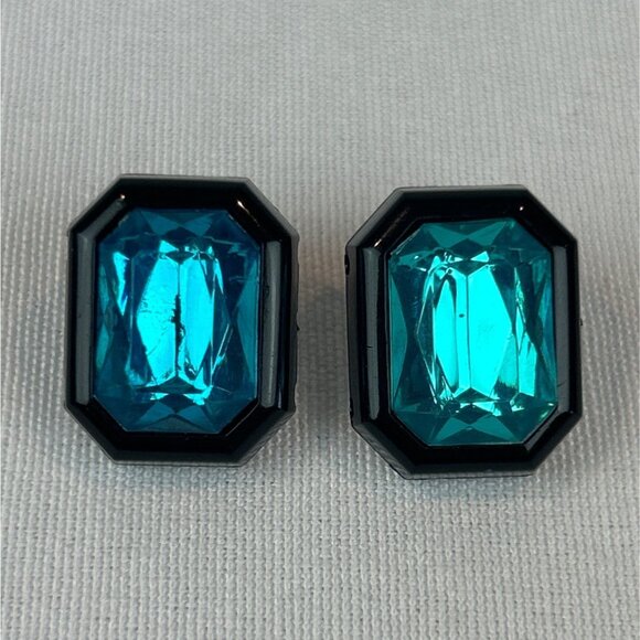 Octagon Stud Earrings Teal Plastic Gemstones Black Enamel Frame - Picture 3 of 8